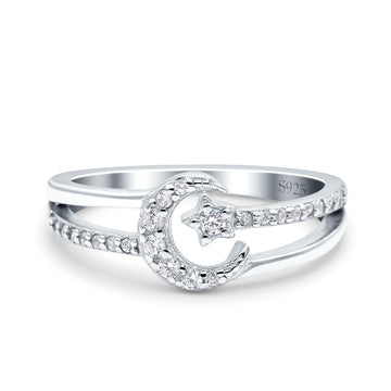 Moon Star Ring Round Simulated Cubic Zirconia Split Shank 925 Sterling Silver